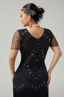 Load image into Gallery viewer, Sparkly Black Silver Fringed V-Neck Beaded Flapper Dress with 20s Accessories Set