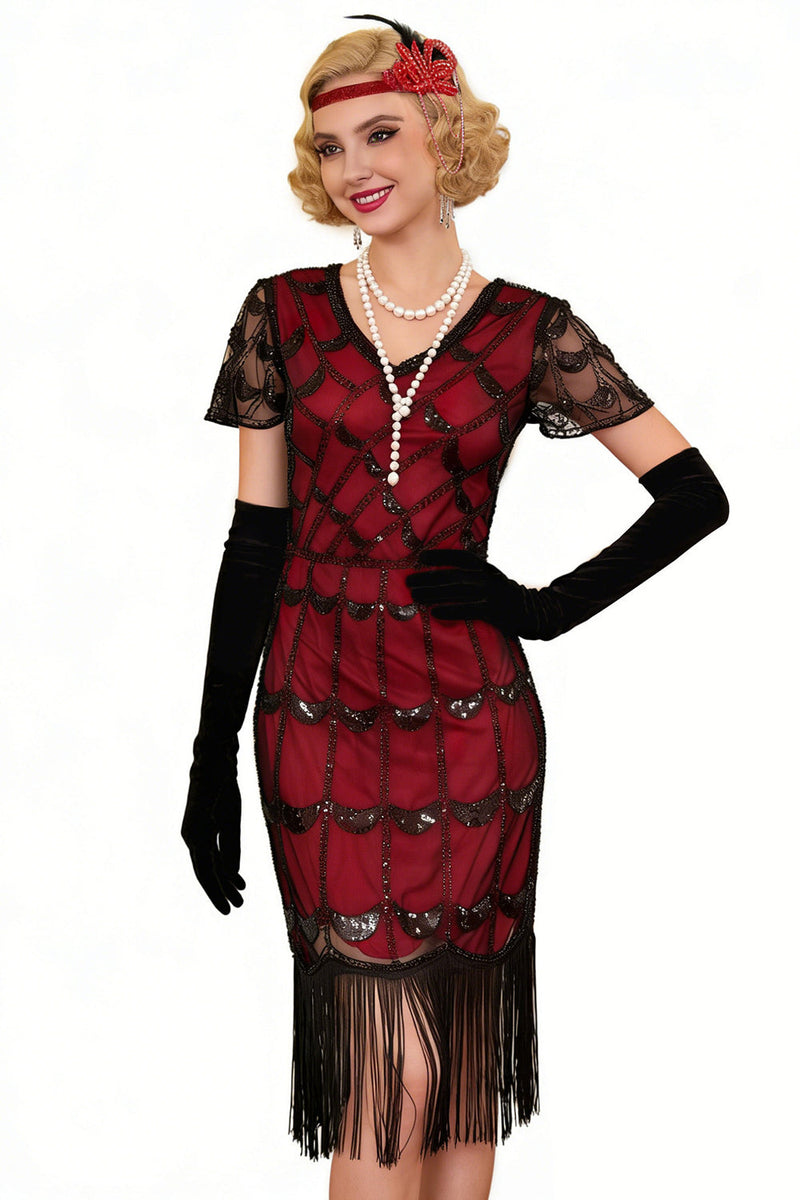 Load image into Gallery viewer, Black Red Bodycon Fringed Midi 1920s Flapper Dress with 20s Accessories Set