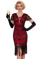 Load image into Gallery viewer, Black Red Bodycon Fringed Midi 1920s Flapper Dress with 20s Accessories Set
