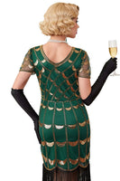 Load image into Gallery viewer, Green Golden Bodycon V-Neck Fringed Midi Gatsby Dress with 20s Accessories Set