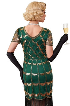Green Golden Bodycon V-Neck Fringed Midi Gatsby Dress with 20s Accessories Set