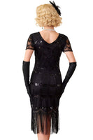 Load image into Gallery viewer, Black Fringed Beaded V Neck Midi 1920s Dress with 20s Accessories Set