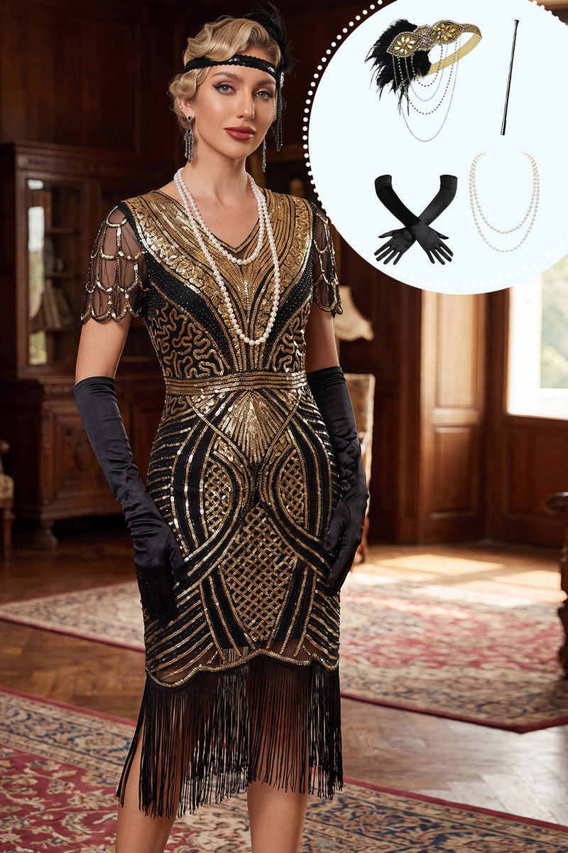 Load image into Gallery viewer, Black Golden Fringed Sparkly Bodycon Sequins Midi 1920s Dress with 20s Accessories Set