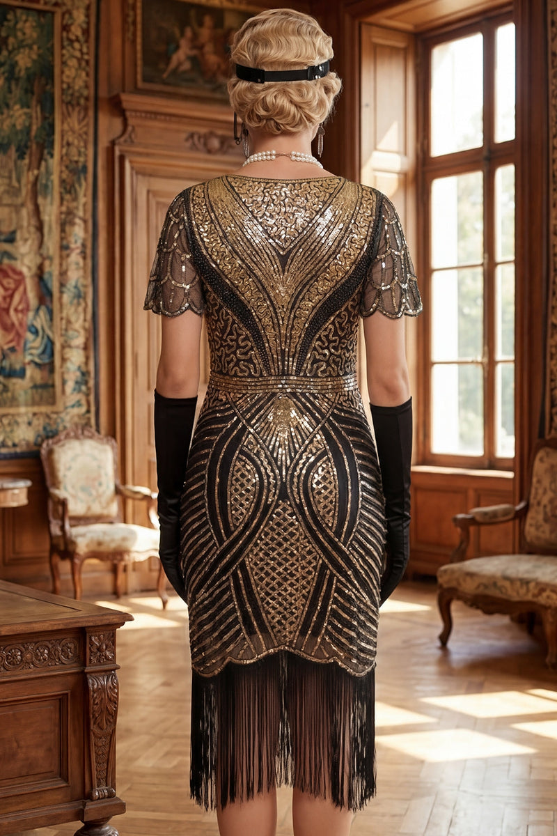 Load image into Gallery viewer, Black Golden Fringed Sparkly Bodycon Sequins Midi 1920s Dress with 20s Accessories Set