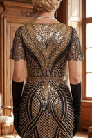 Load image into Gallery viewer, Black Golden Fringed Sparkly Bodycon Sequins Midi 1920s Dress with 20s Accessories Set