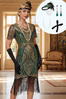 Load image into Gallery viewer, Green Golden Fringed Bodycon Sparkly Sequins Midi 1920s Gatsby Dress with 20s Accessories Set