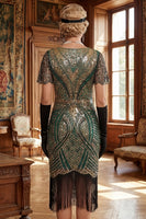 Load image into Gallery viewer, Green Golden Fringed Bodycon Sparkly Sequins Midi 1920s Gatsby Dress with 20s Accessories Set