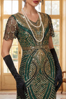 Load image into Gallery viewer, Green Golden Fringed Bodycon Sparkly Sequins Midi 1920s Gatsby Dress with 20s Accessories Set