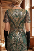 Load image into Gallery viewer, Green Golden Fringed Bodycon Sparkly Sequins Midi 1920s Gatsby Dress with 20s Accessories Set