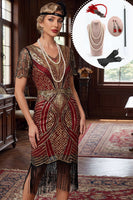 Load image into Gallery viewer, Saprkly Red Golden Bodycon V-Neck Fringed Midi 1920s Dress with 20s Accessories Set