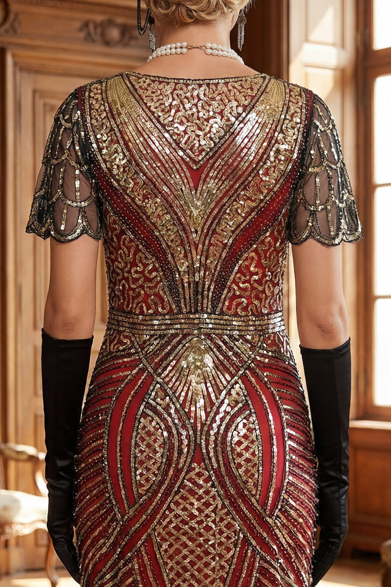 Load image into Gallery viewer, Saprkly Red Golden Bodycon V-Neck Fringed Midi 1920s Dress with 20s Accessories Set
