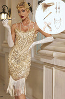 Load image into Gallery viewer, Sparkly Apricot Bodycon Scoop Fringed Midi 1920s Dress with 20s Accessories Set