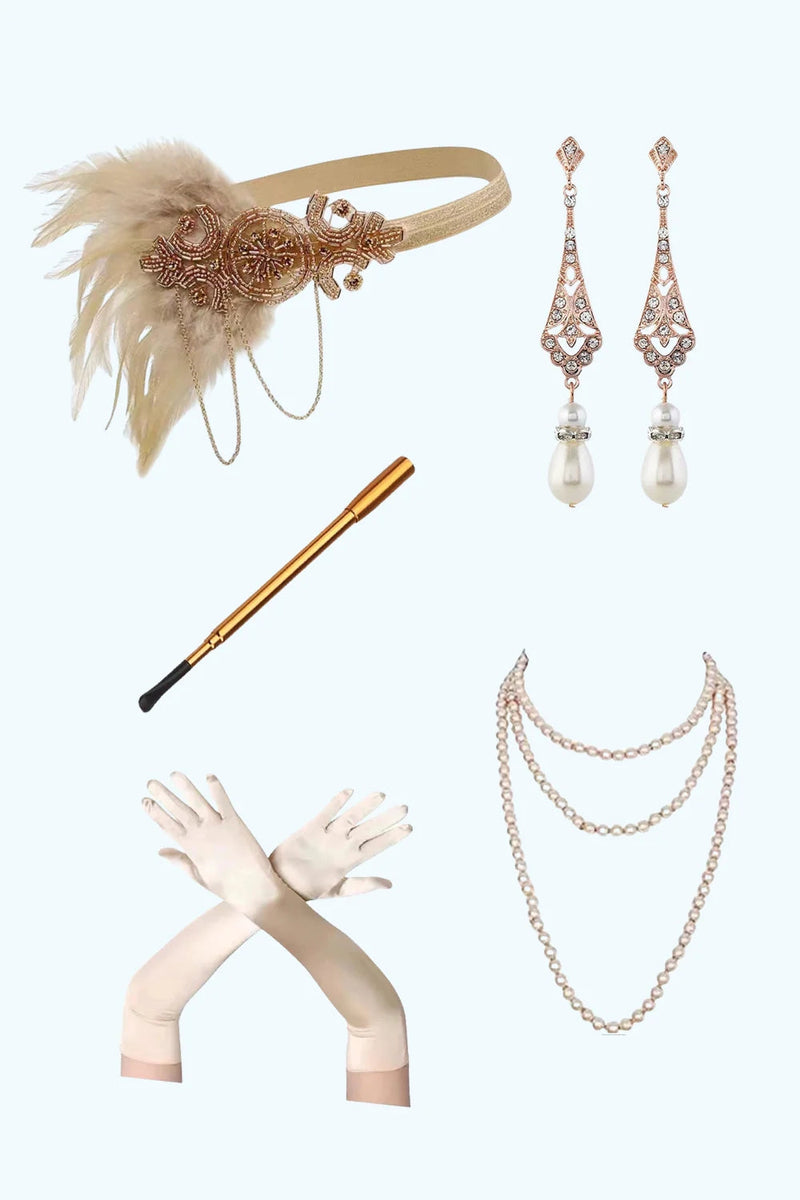Load image into Gallery viewer, Sparkly Apricot Bodycon Scoop Fringed Midi 1920s Dress with 20s Accessories Set