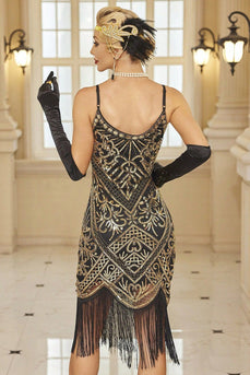 Black Golden Sequins Spaghetti Straps Fringed Midi 1920s Dress with 20s Accessories Set