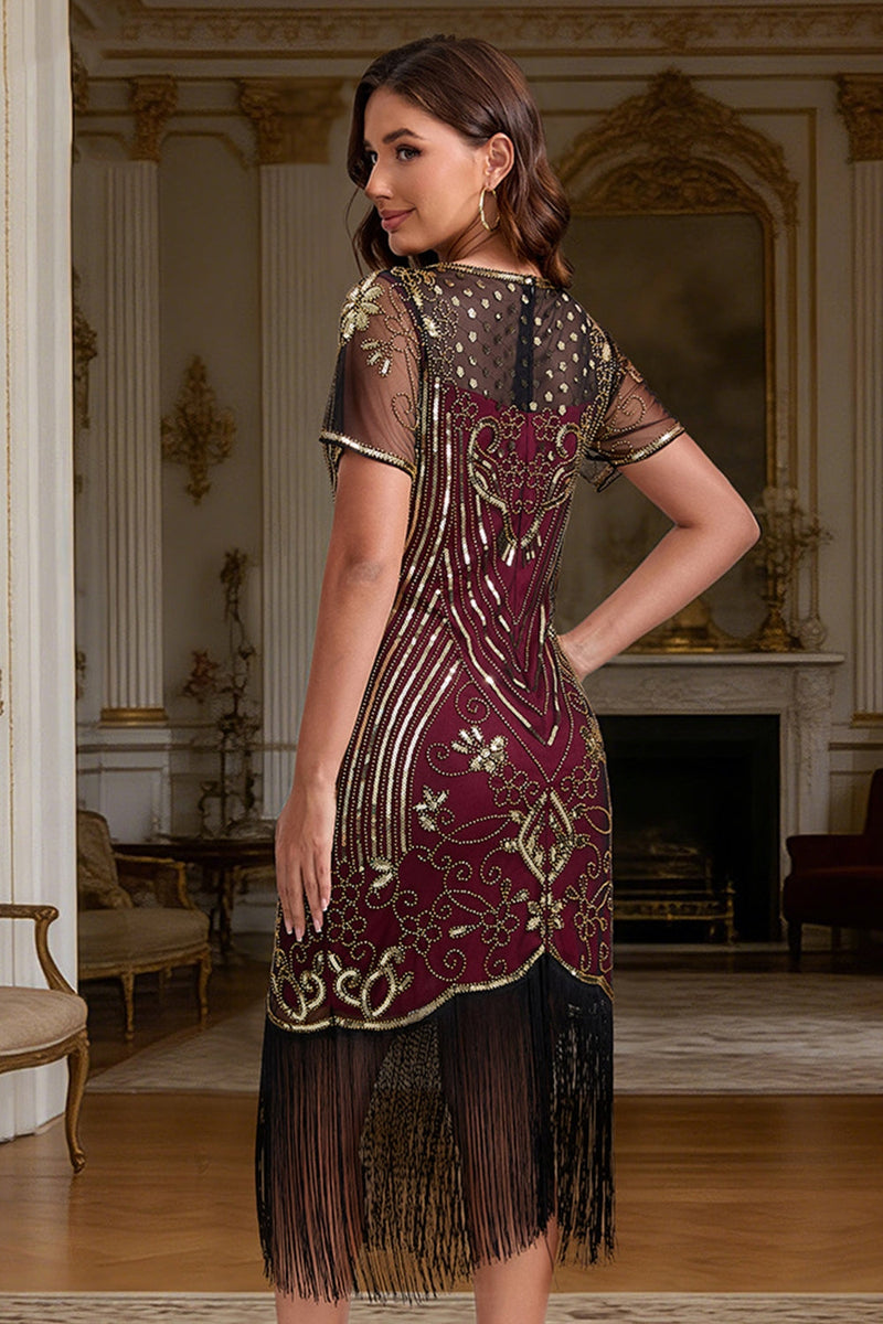 Load image into Gallery viewer, Sparkly Burgundy Bodycon Beaded Fringed Midi 1920s Dress with 20s Accessories Set