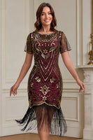 Load image into Gallery viewer, Sparkly Burgundy Bodycon Beaded Fringed Midi 1920s Dress with 20s Accessories Set