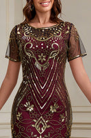 Load image into Gallery viewer, Sparkly Burgundy Bodycon Beaded Fringed Midi 1920s Dress with 20s Accessories Set