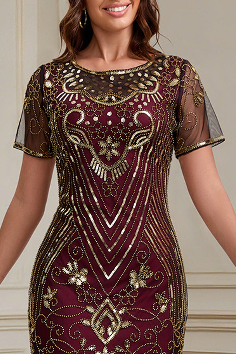 Load image into Gallery viewer, Sparkly Burgundy Bodycon Beaded Fringed Midi 1920s Dress with 20s Accessories Set