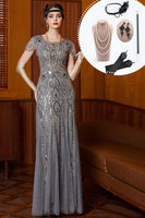 Load image into Gallery viewer, Grey Sheath Sparkly Sequins Long 1920s Flapper Dress with 20s Accessories Set