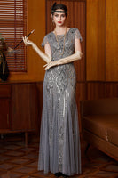 Load image into Gallery viewer, Grey Sheath Sparkly Sequins Long 1920s Flapper Dress with 20s Accessories Set