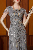 Load image into Gallery viewer, Grey Sheath Sparkly Sequins Long 1920s Flapper Dress with 20s Accessories Set