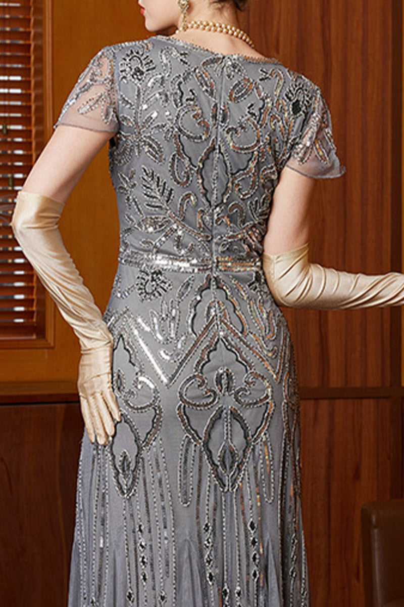 Load image into Gallery viewer, Grey Sheath Sparkly Sequins Long 1920s Flapper Dress with 20s Accessories Set