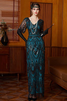Load image into Gallery viewer, Black Blue Sheath V-Neck Sparkly Sequins Long 1920s Dress with 20s Accessories Set
