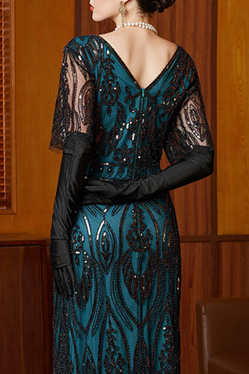 Load image into Gallery viewer, Black Blue Sheath V-Neck Sparkly Sequins Long 1920s Dress with 20s Accessories Set