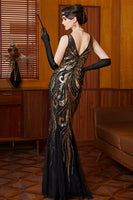 Load image into Gallery viewer, Sparkly Black Golden V-Neck Mermaid Sequins Long 1920s Dress with 20s Accessories Set