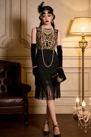 Load image into Gallery viewer, Sparkly Black Gold Bodycon Fringed Midi 1920s Flapper Dress with 20s Accessories Set
