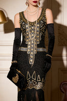 Load image into Gallery viewer, Black Golden Sparkly Scoop Neck Fringed Midi 1920s Dress with 20s Accessories Set