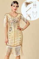 Load image into Gallery viewer, Sparkly Apricot Sequins V-Neck Fringed Midi 1920s Dress with 20s Accessories Set