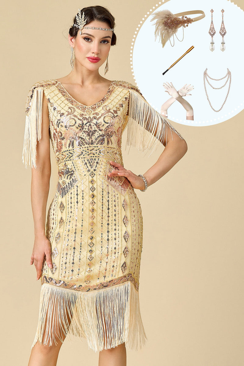 Load image into Gallery viewer, Sparkly Apricot Sequins V-Neck Fringed Midi 1920s Dress with 20s Accessories Set