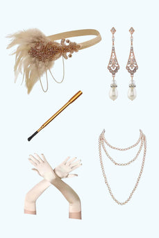 Sparkly Apricot Sequins V-Neck Fringed Midi 1920s Dress with 20s Accessories Set