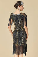 Load image into Gallery viewer, Black Sparkly Seuqins V-Neck Fringed Midi 1920s Dress with 20s Accessories Set
