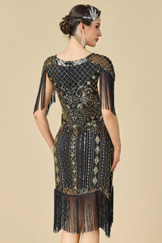 Black Sparkly Seuqins V-Neck Fringed Midi 1920s Dress with 20s Accessories Set