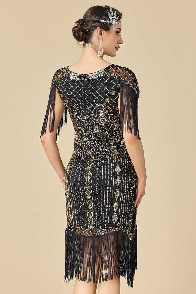 Load image into Gallery viewer, Black Sparkly Seuqins V-Neck Fringed Midi 1920s Dress with 20s Accessories Set