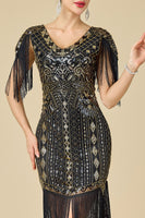 Load image into Gallery viewer, Black Sparkly Seuqins V-Neck Fringed Midi 1920s Dress with 20s Accessories Set