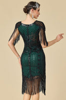 Load image into Gallery viewer, Sparkly Black Green Fringed Midi 1920s Flapper Dress with 20s Accessories Set