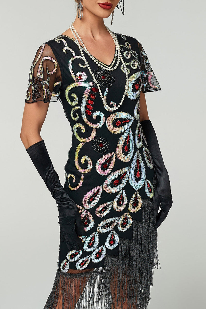 Load image into Gallery viewer, Black Sparkly Bodycon V-Neck Sequins Fringed Midi 1920s Dress with 20s Accessories Set