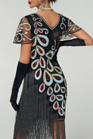 Load image into Gallery viewer, Black Sparkly Bodycon V-Neck Sequins Fringed Midi 1920s Dress with 20s Accessories Set