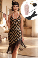 Load image into Gallery viewer, Black Golden Sparkly Fringed Midi 1920s Flapper Dress with 20s Accessories Set