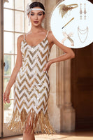 Load image into Gallery viewer, White Golden Sparkly V-Neck Sequins Fringed Midi 1920s Dress with 20s Accessories Set