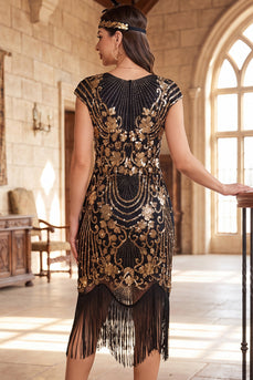 Sparkly Black Golden Fringed Midi 1920s Gatsby Dress with 20s Accessories Set