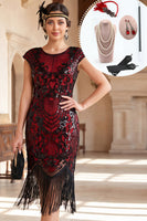 Load image into Gallery viewer, Black Red Bodycon Sequins Midi 1920s Gatsby Dress with 20s Accessories Set