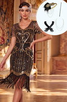 Load image into Gallery viewer, Black Golden Fringed Sparkly Seuqins Midi  1920s Flapper Dress with 20s Accessories Set