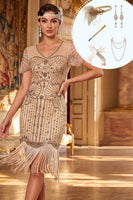 Load image into Gallery viewer, Apricot Bodycon Sparkly Fringed Sequins Midi 1920s Flapper Dress with 20s Accessories Set
