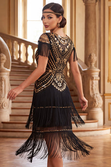 Sparkly Black Golden Tight Fringed Tiered Sequin Midi 1920s Dress with 20s Accessories Set