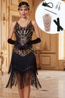 Load image into Gallery viewer, Sparkly Black Golden Tight Sequin Tiered Fringed Midi 1920s Dress with 20s Accessories Set