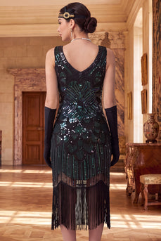 Sparkly Black Green Tight Beaded Sequin Floral Fringed Midi 1920s Dress with 20s Accessories Set